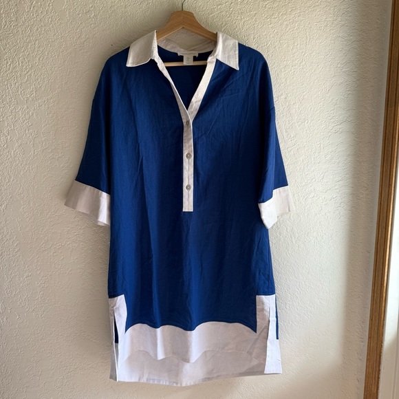 Cynthia Rowley Royal Blue and White 3/4 Sleeve Linen Blend Tunic Dress Size Med - Picture 2 of 6